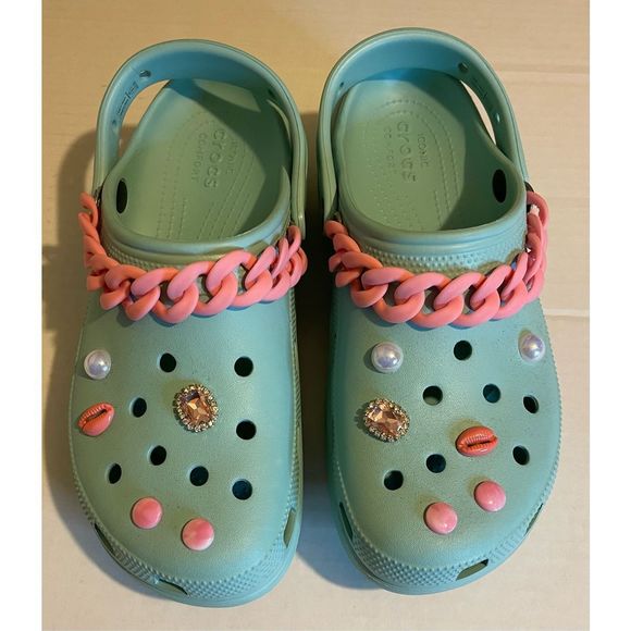 Crocs shoes Platform shoes Crocs Teal w/ charms sz 10 - Picture 3 of 7